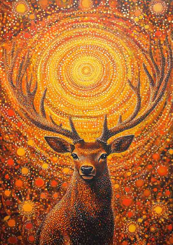 Red deer with antlers surrounded by an array of orange circles | Canvas