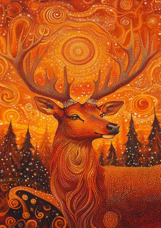 Red deer with antlers surrounded by an array of swirls | Poster