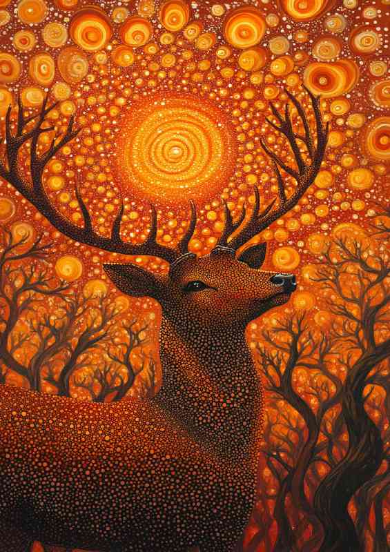 Red deer with antlers surrounded by orange dots | Di-Bond