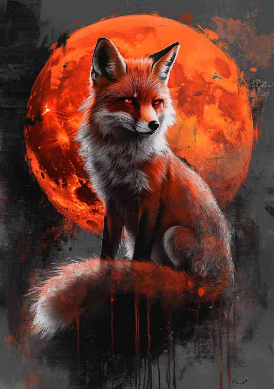 Red fox sitting in front of the moon | Metal Poster