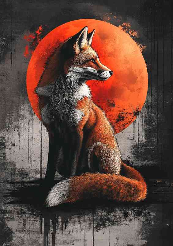 Red fox sitting in front of the moon with bushy tail | Canvas