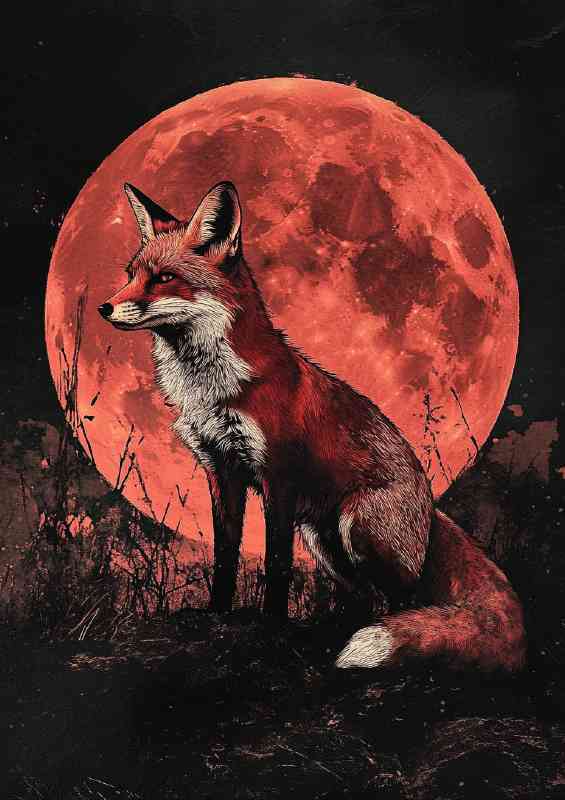 Red fox stands against a crimson moon | Poster
