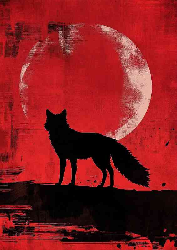 Red fox stands against a crimson moon in the background | Canvas