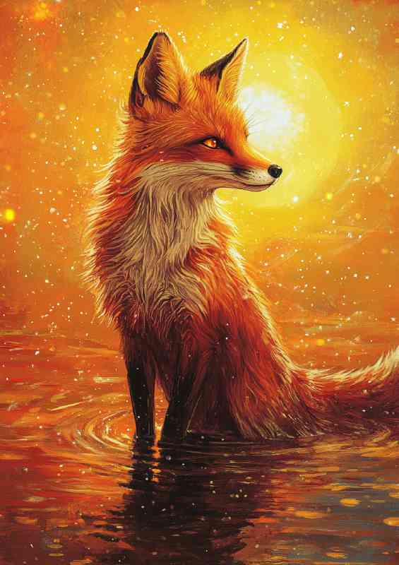 Red fox with long fur sitting in the water | Metal Poster