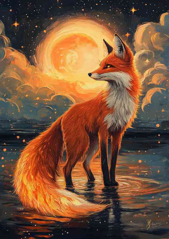 Red fox with orange fur stands on the water | Poster