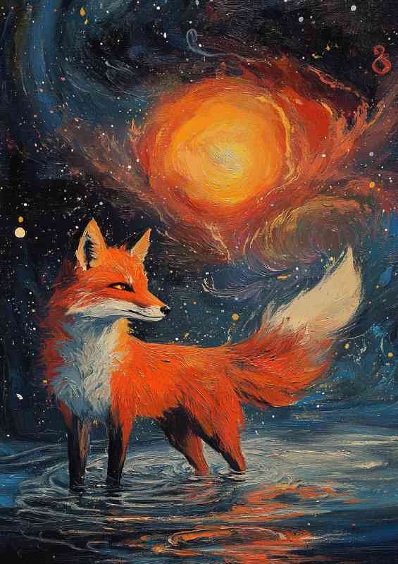 Red fox with orange fur stands on the water its tail bushy | Metal Poster