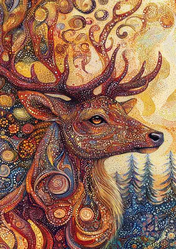 The majestic stag of the first day surrounded by swirls and trees | Di-Bond