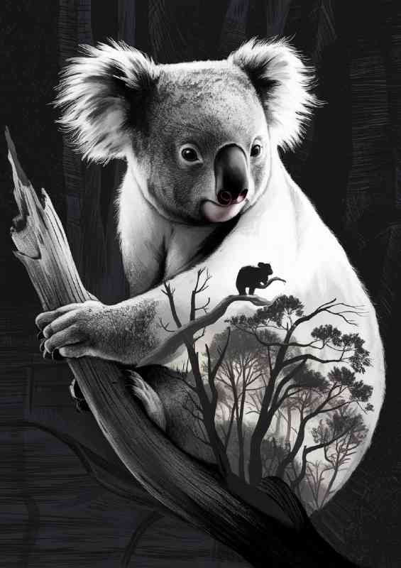 koala bear clinging to a branch greyscale | Metal Poster