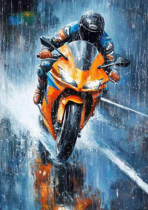 Oil painting of pouring rain and bike rider | Canvas