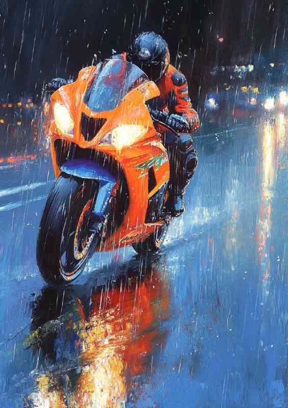 Oil painting of pouring rain orange and blue race bike | Metal Poster