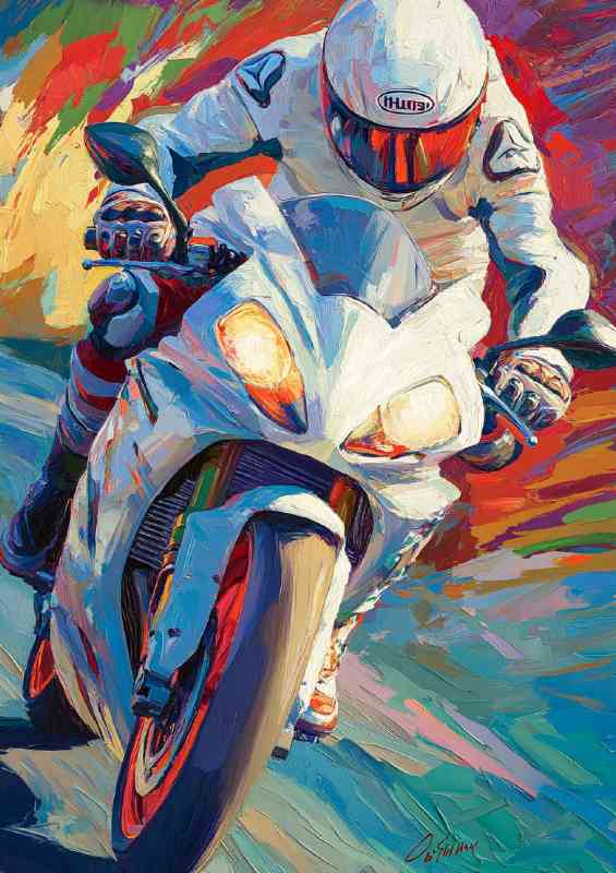 Racing motorbike rider in white suit | Metal Poster
