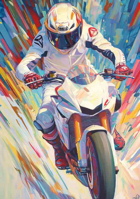 Racing motorbike rider in white suit dynamic pose | Metal Poster