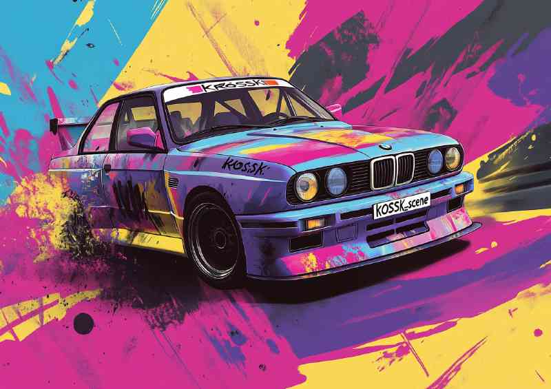 BMW M3 E9 in the style of an old school racing car splash art | Poster