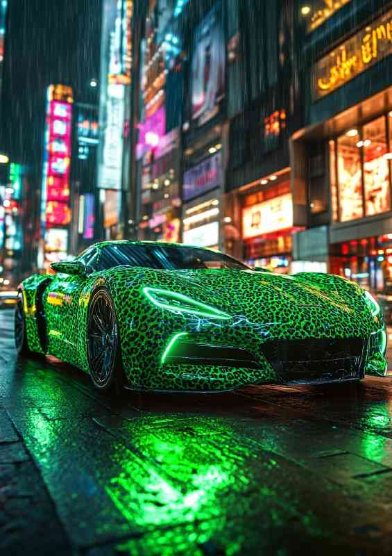Sports car made of green leopard print glowing | Di-Bond