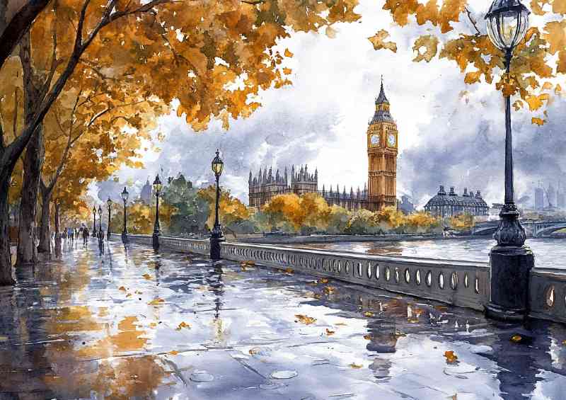 Watercolour photorealistic illustration London daytime rain | Metal Poster