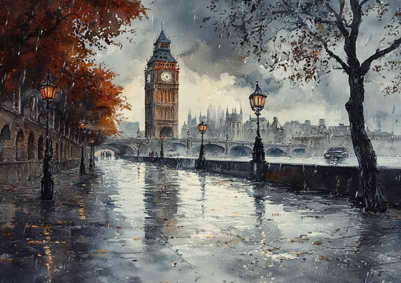 Watercolour photorealistic illustration London in rain | Metal Poster