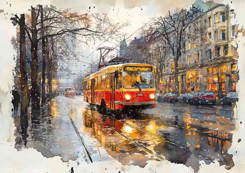 Whimsical Watercolour photorealistic old school tram | Metal Poster