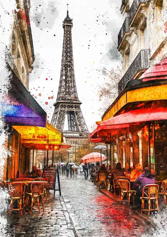 Paris the Eiffel Tower in the background a cafe splatter art | Poster