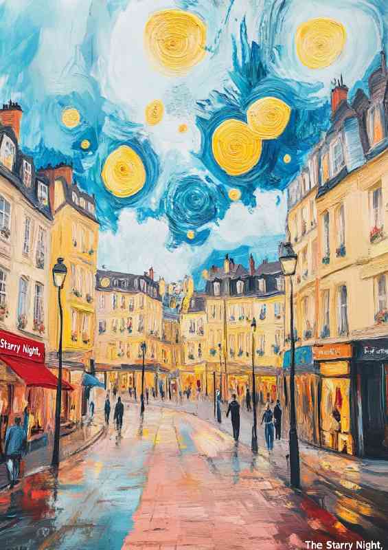 The starry night market town | Metal Poster