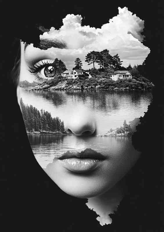 A beautiful womans face is reflected in the black lake | Di-Bond
