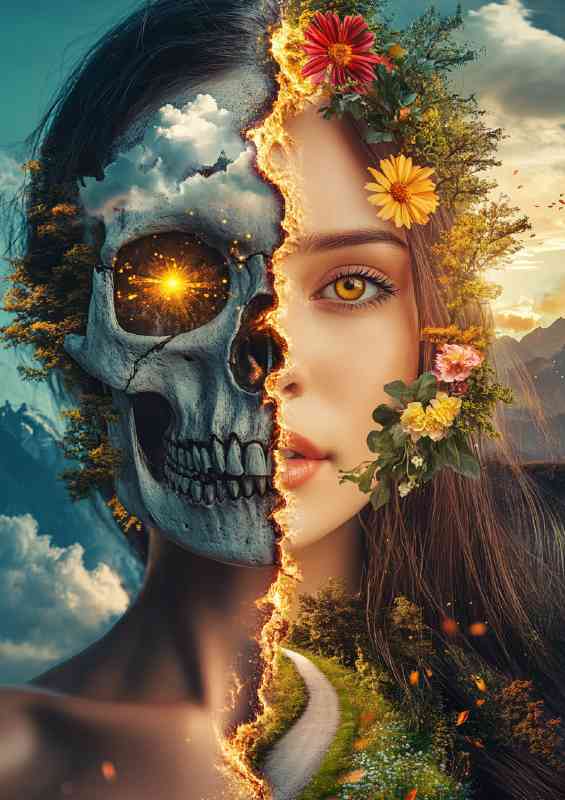 Woman with half of her face as an ancient skull | Di-Bond