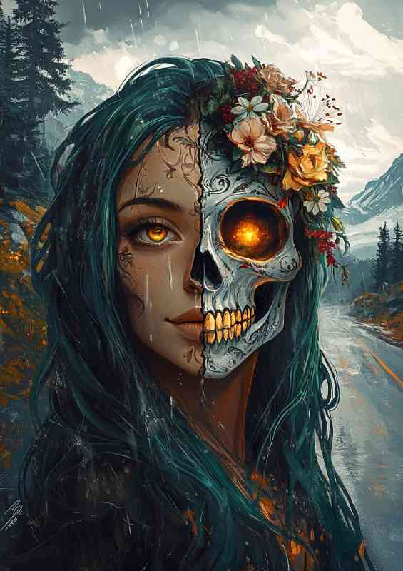 Woman with half of the face as a skull day of dead | Metal Poster