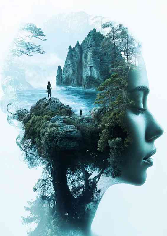 Womans face in profile is depicted rocks and riverand | Poster