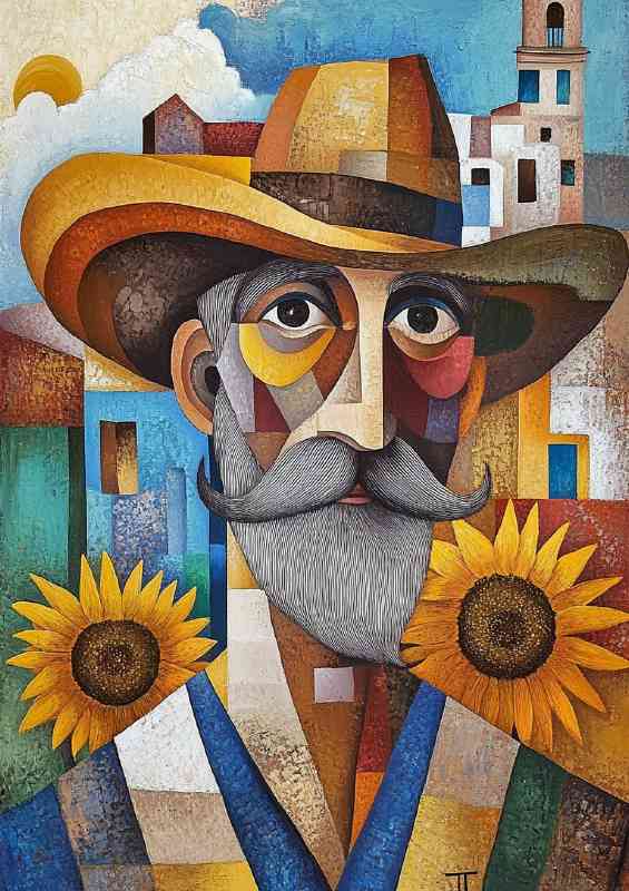 A portrait of Picasso in his hat and moustache sunflowers | Di-Bond