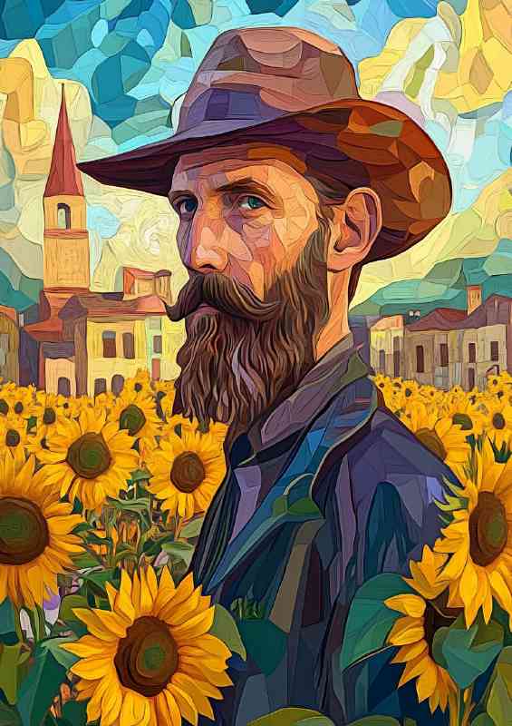 A portrait of the writer Dostoevsky in a field of sunflower | Metal Poster