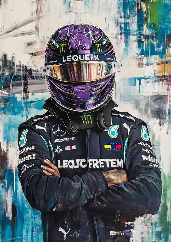 Painting of Lewis Hamilton wearing his black and purple | Poster