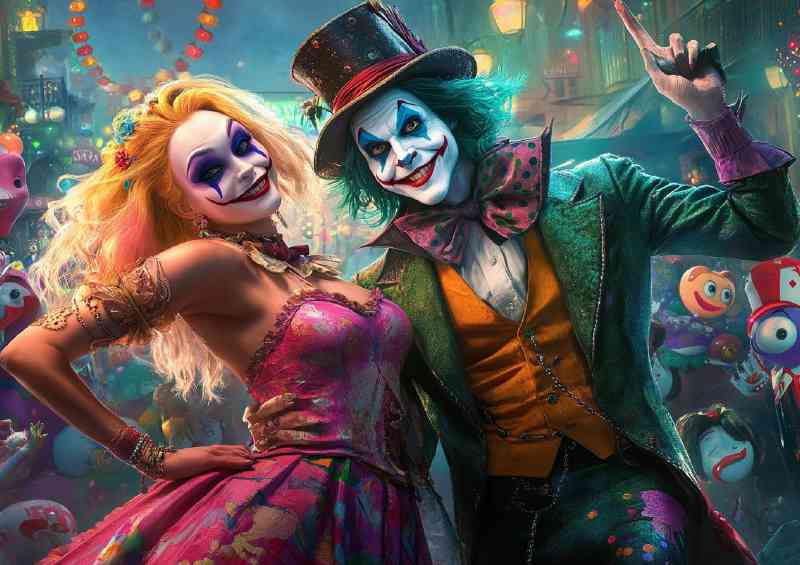 The Mad Hatter and Harley Quinn in the background fairground | Di-Bond