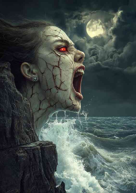 Evil woman with cracked skin and red eyes is looking out to sea | Di-Bond