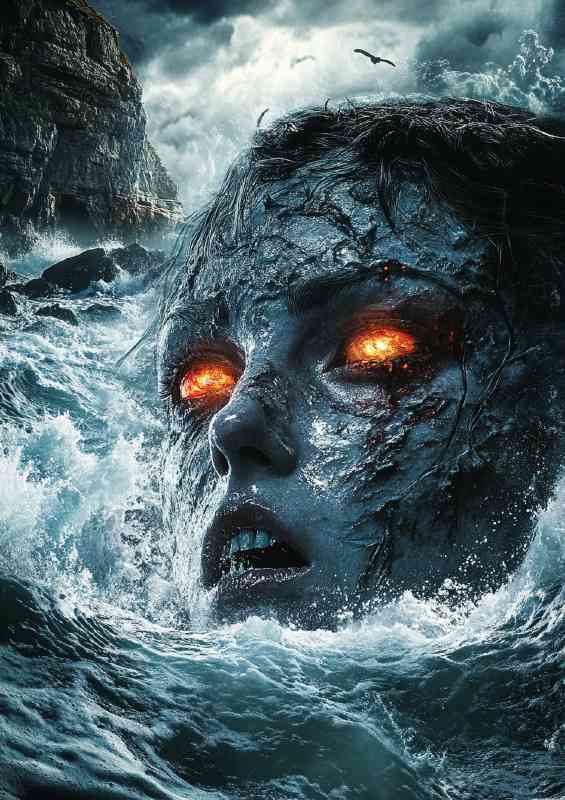 Horror art depicting a woman with cracked skin and glowing eyes | Metal Poster