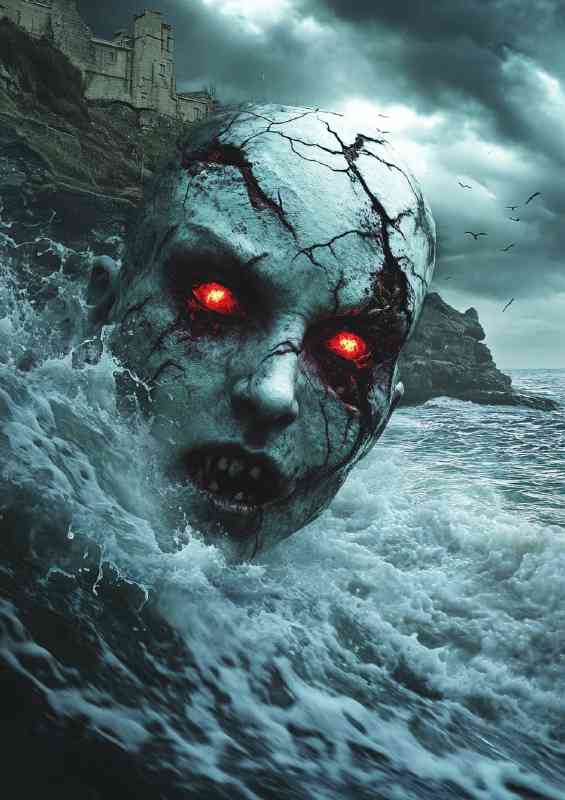 Horror art depicting a woman with cracked skin and red eyes | Poster