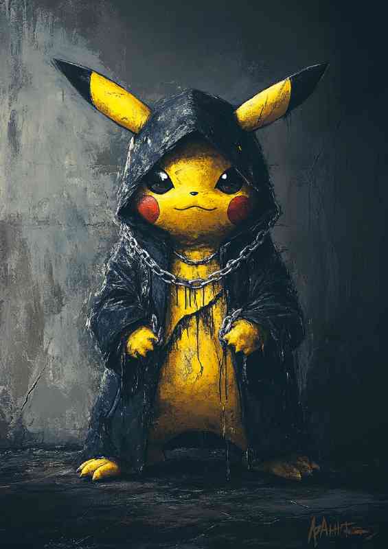 Pikachu wearing a black and yellow hooded coat | Metal Poster