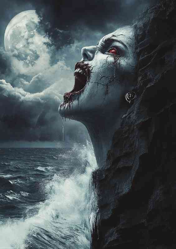 Woman with cracked skin and red eyes is looking over the sea | Poster