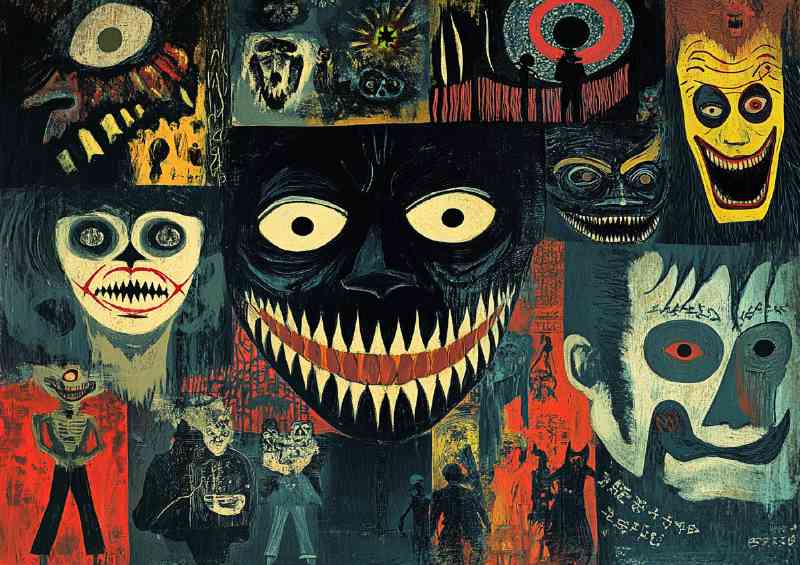 A collage of various masks and symbols representing darkness | Metal Poster