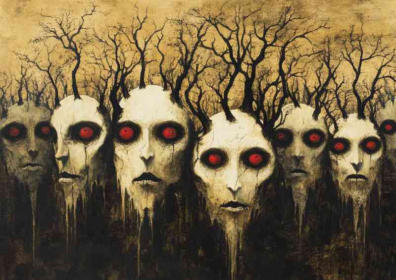 Painting depicting numerous red eyes and white faces | Metal Poster
