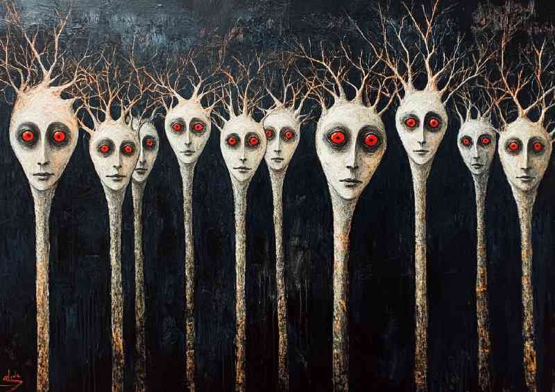 Painting depicting numerous red eyes and white long heads | Di-Bond