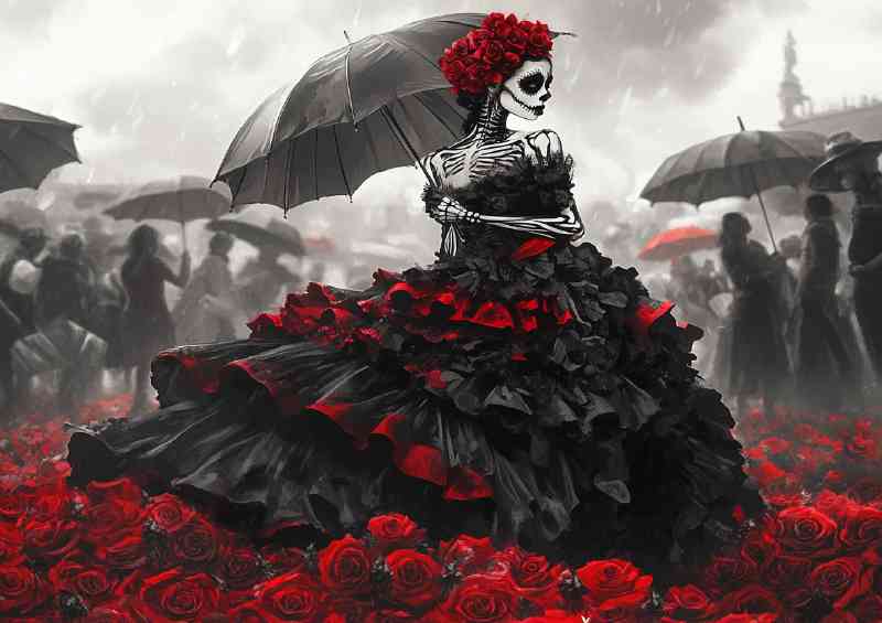 Skeletal woman wearing an elaborate black and red roses | Poster