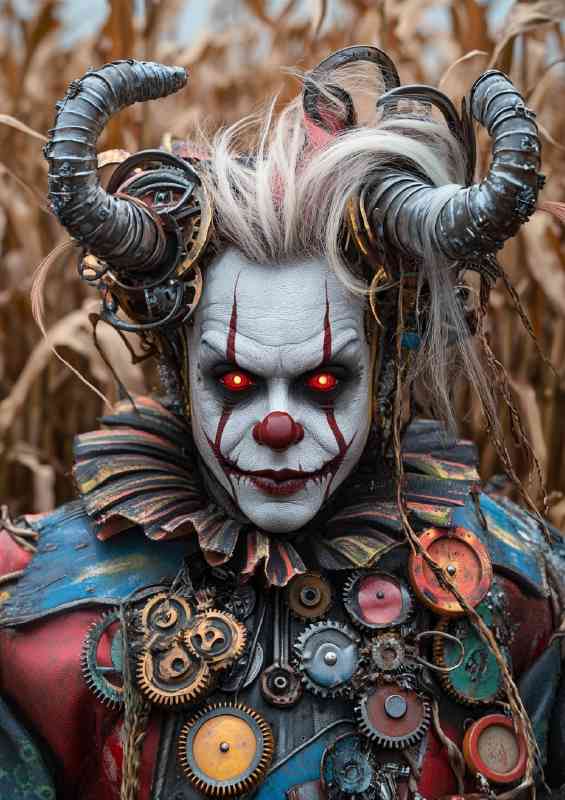 A realistic photo of an insane clown wearing a colorful outfit | Metal Poster