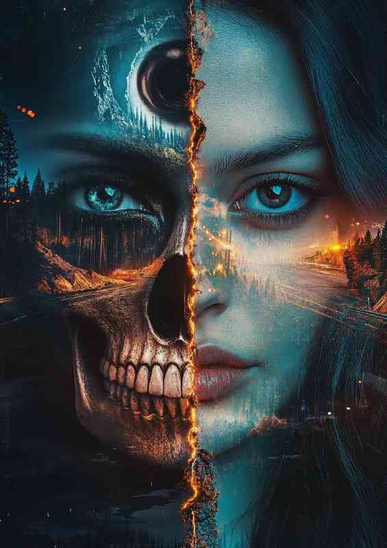 Beautiful woman with half of her face as a skull | Canvas
