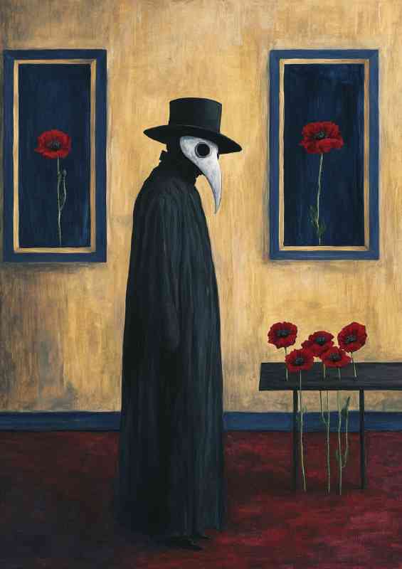 Painting of the plague doctor standing in front of the flowers | Di-Bond