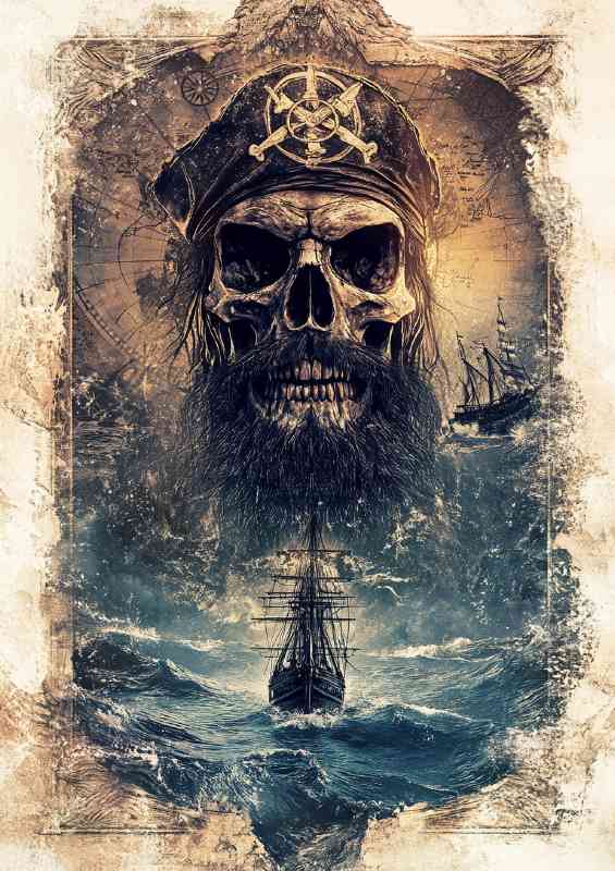 Pirate skull with a black beard standing | Metal Poster