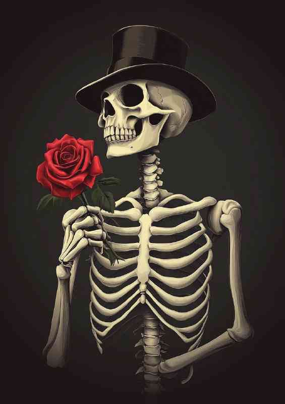 Skeleton wearing a black top hat and holding a rose | Poster