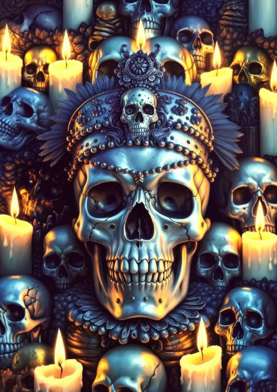 Vivid and intricate arrangement of skullss and candles | Metal Poster