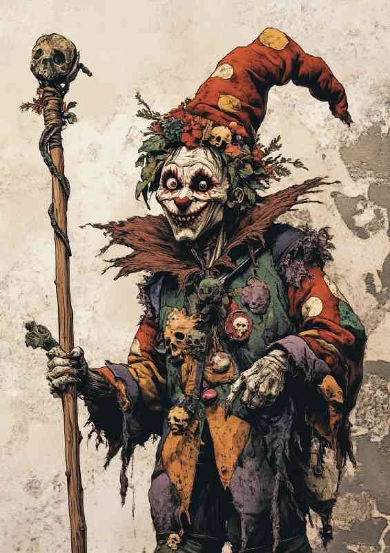 Zombie jester holding an extra long wooden staff | Di-Bond