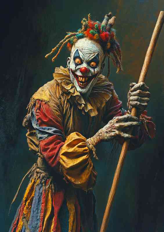 Zombie jester holding up a wooden stick | Di-Bond