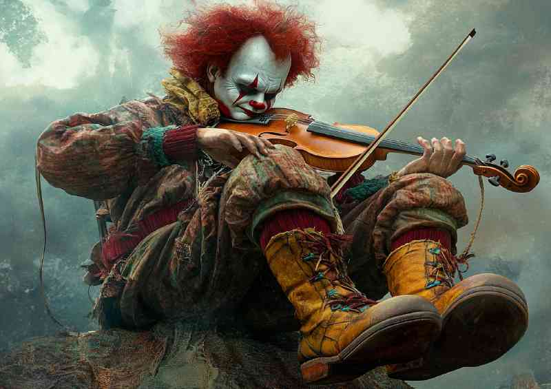 Clown plays the violin sitting atop his oversized boots | Canvas