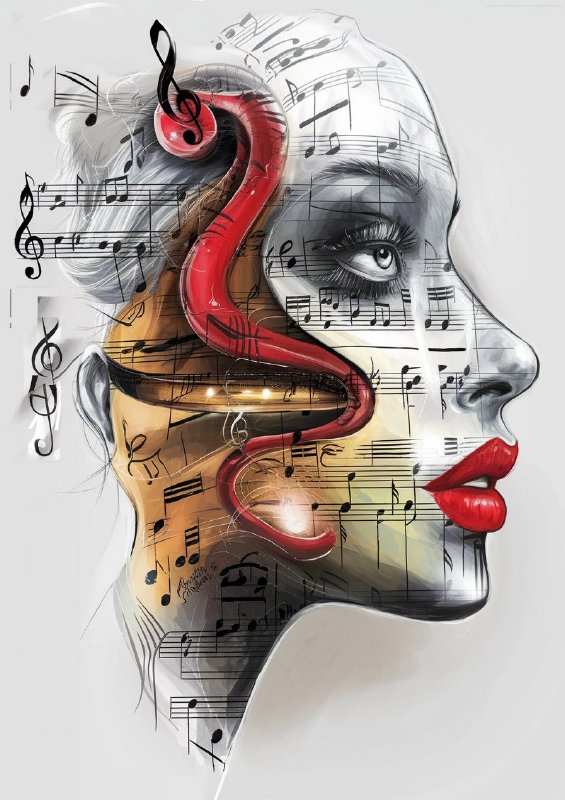 An artistic representation of a womans profile in musical notes | Di-Bond